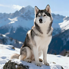 Naklejka premium Siberian Husky Dog Sitting in Snowy Mountains