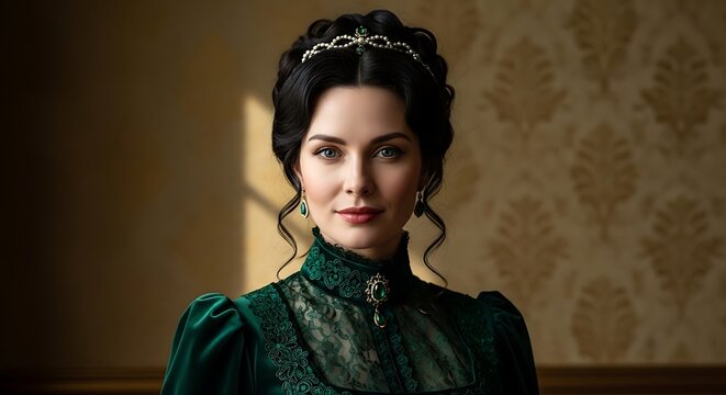 Elegant Woman in Emerald Green Gown - A Portrait of Victorian Era Beauty.
