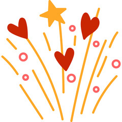 Doodle Style Celebration Fireworks With Hearts And Starbursts In Red Orange And Yellow On Transparent Background