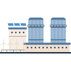 Eco Power Plant With Solar Panels Wind Turbines And Cooling Towers Under A Clear Sky In A Flat...