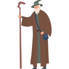 Elderly Wizard With Long White Beard Wearing A Pointed Hat And A Brown Robe Holding A Wooden Staff And A Blue Satchel
