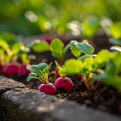 Radishes sprout in a garden bed