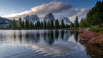Serene alpine lake reflects majestic snow-capped mountains and vibrant autumn foliage under a dramatic cloudy sky
