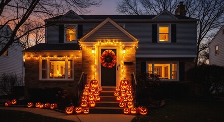 Twilight Warmth and Festivity Framing Halloween Entrance with Jack-o'-Lantern and Decorated Suburban House Close-Up