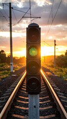 Railroad crossing signal at sunset