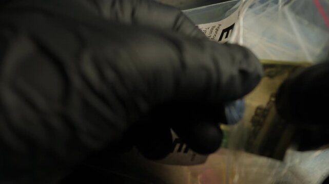 Police investigator in black gloves packing seized illegal LSD drugs and money in evidence bag. Forensic science criminalistics. Lysergic acid, lucy, or Ellis D seized by police. Crime scene evidence.
