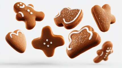 multiple gingerbread cookies falling on transparent background