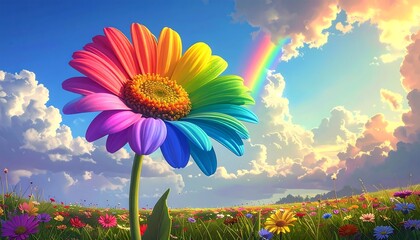 Rainbow flower in a field, sunrise/sunset sky with clouds and rainbow