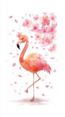 Naklejka premium A vibrant illustration of a flamingo surrounded by pink cherry blossoms, conveying a sense of beauty and elegance in nature.