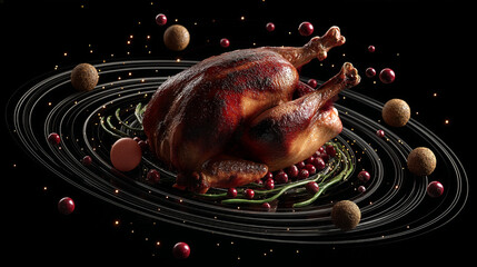 A roasted turkey floats in a cosmic orbit of cranberries, spices, and glowing particle - Generative AI