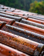 Rain-slicked terracotta roof tiles