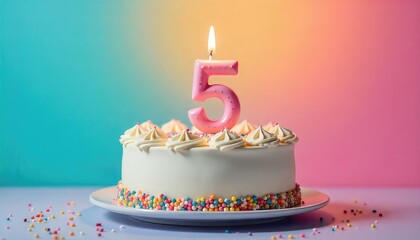 A cake with white frosting and a pink candle shaped like the number five on a colorful background