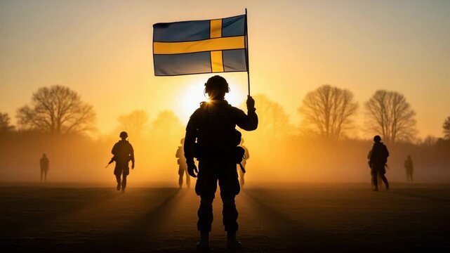 Silhouette of a Swedish soldier holding the national flag at sunrise in a misty field with other troops in the background.