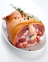 Raw lamb rib roast, seasoned, on plate