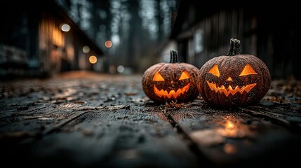 Two illuminated jack-o'-lanterns on wooden surface with blurred background.