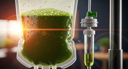 Close-up of an IV drip bag filled with a vibrant green liquid, suggesting medical treatment or nutritional therapy.