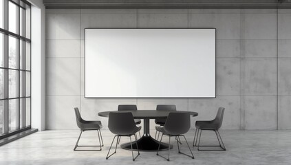 Furnished conference room with table, chairs and large window. 3D Rendering 