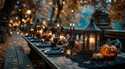 Fototapeta premium Festive outdoor dining table decorated for autumn with pumpkins and lanterns.