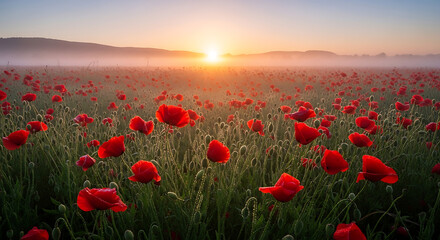 Red poppy field covered in morning mist. Scenic floral landscape with soft atmospheric light.