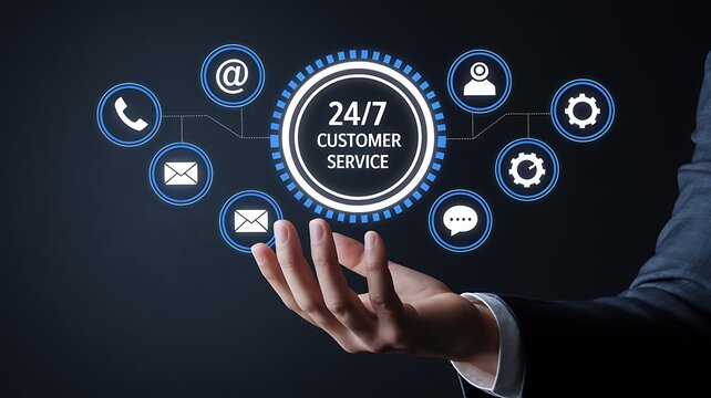 Businessman hand holding a virtual interface showing 24/7 AI customer service icons, representing around-the-clock support, artificial intelligence and digital communication technology.