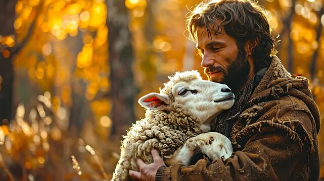 A tender moment of a shepherd holding a beloved sheep in an autumn forest