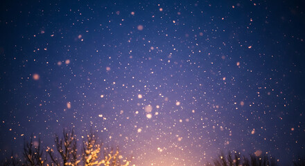 Snow falling from dark night sky. Winter weather background with snowfall and stars