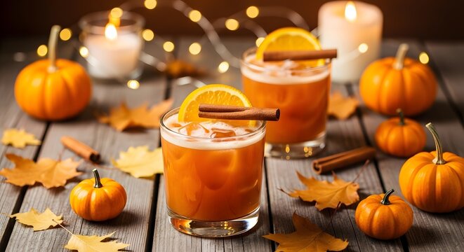 Two glasses of vibrant orange autumn cocktails garnished with orange slices and cinnamon sticks, set amidst mini pumpkins and fallen leaves, with fairy lights in the background - Powered by Adobe