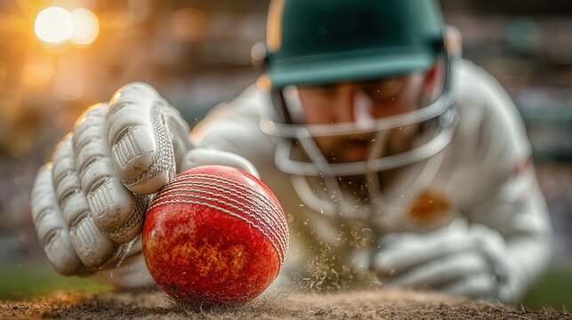 Dynamic cricket wicketkeeper dives to catch red ball in intense match action with golden hour lighting and dust flying