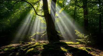 Fototapeta premium Sunbeams filtering through the canopy of a lush green forest, illuminating the mossy forest floor and ancient tree trunk with ethereal light