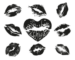 Collection of lipstick kiss isolated on a white background. Lipstick kiss set