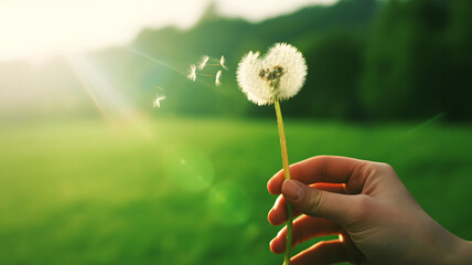 A hand holding a dandelion with seeds blowing away in a green field on a sunny day outdoors on transparent background
