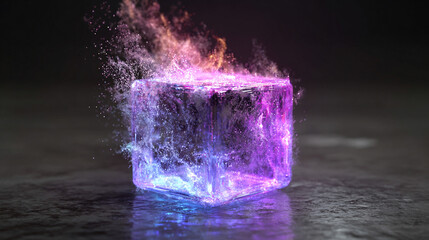 A holographic cube floats and disintegrates into glowing particles, captured in hyperrealistic detail with dynamic light and digital fragmentation effects