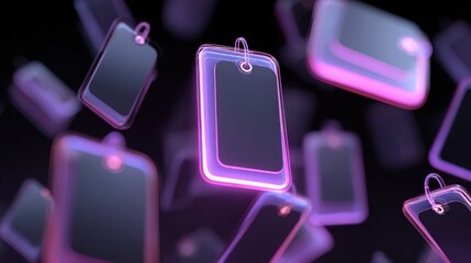 Floating neon tags with a dark background create a modern tech aesthetic