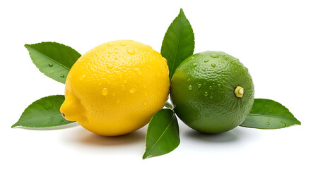 Fresh lime and lemon leaves isolated on white background. Citrus plant foliage close-up.