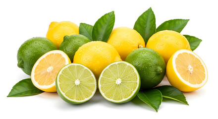 Fresh lime and lemon leaves isolated on white background. Citrus plant foliage close-up.