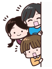 壁の左から顔を出して笑っている子供たち