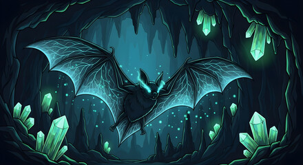 Eerie luminous bat flying through a captivating crystal cave, perfect for fantasy game art, Halloween designs, and captivating book covers of magical adventures