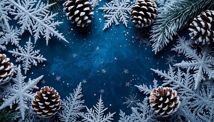 Winter holiday elements including frosted snowflakes, pinecones, and fir branches framing a textured blue background