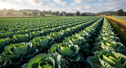 Cabbage field with green vegetable rows. Farming and agriculture landscape with crops in sunlight.