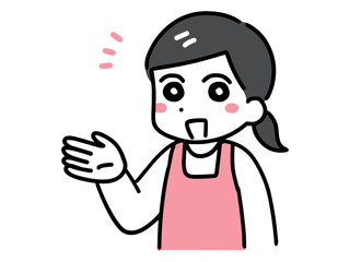 片手を使って笑顔で紹介しているエプロンを着た若い女性(上半身)