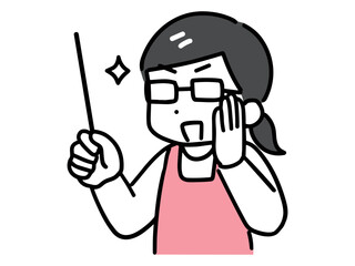 指示棒を使って説明している賢そうなエプロンの若い女性