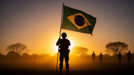 Silhouette of a Brazilian soldier holding the national flag at a vibrant sunrise, with other figures in the misty, golden-hued landscape, symbolizing patriotism and national pride. - Powered by Adobe