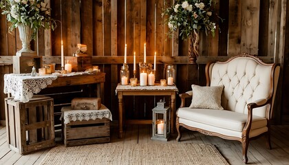 Interior setting showcasing an antique loveseat, wooden crates, flickering candles, and floral arrangements against a barn wood wall