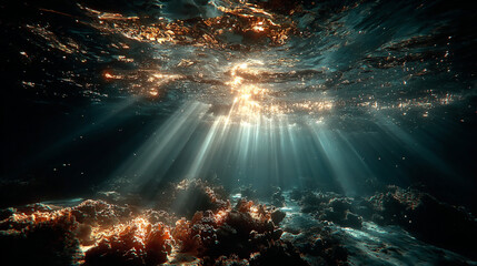 Fototapeta premium Dark blue ocean surface seen from underwater. Abstract waves underwater and rays of sunlight shining through, Sun light rays undersea deep, Underwater background with sea bottom, under sea.
