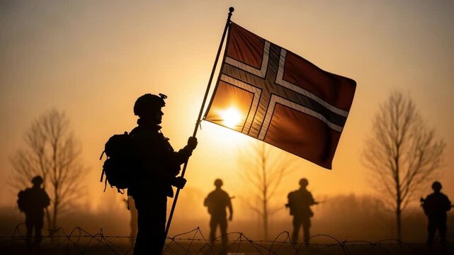 Silhouette of a soldier holding the Norwegian flag at sunrise with other troops in the background, symbolizing patriotism and defense.