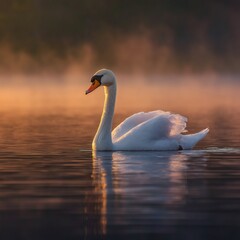Fototapeta premium An elegant swan gracefully gliding across a misty lake at dawn, creating a serene and tranquil atmosphere with soft reflections on the water