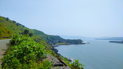 beautiful landscape view from the dongari hill in murud in maharashtra in india.