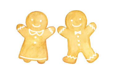 水彩手描きの可愛いジンジャーブレッドクッキー – クリスマス用イラスト素材
