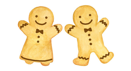 水彩手描きの可愛いジンジャーブレッドクッキー – クリスマス用イラスト素材