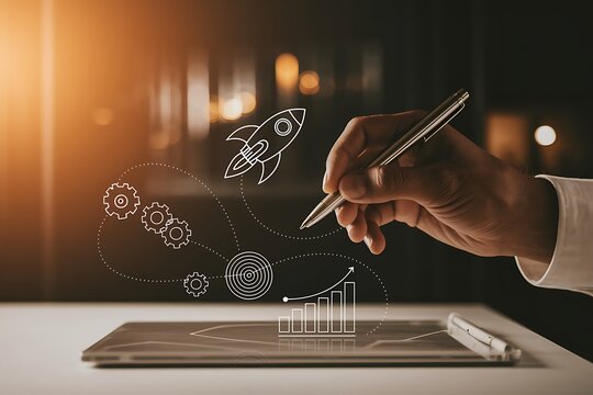 Startup business trend growth concept, improve development chart of company. Graph upward arrow grow up. Plan best sale performance return on investment stock, opportunity success challenge strategy